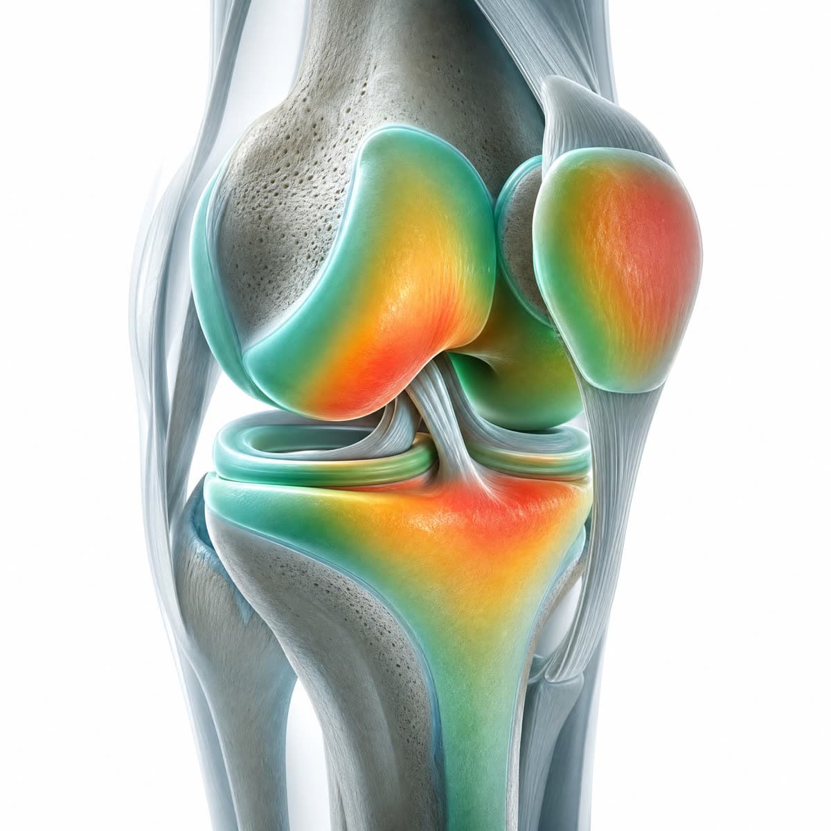 Render anatômico de um joelho com mapa de calor de risco nas cartilagens: núcleos vermelhos na patela, no côndilo femoral e no platô tibial
